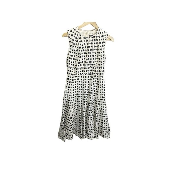 STRENESSE Gabriele Strehle Silk Dress 6 Cream Blue Geometric Swing Midi Sleevele - Picture 1 of 5